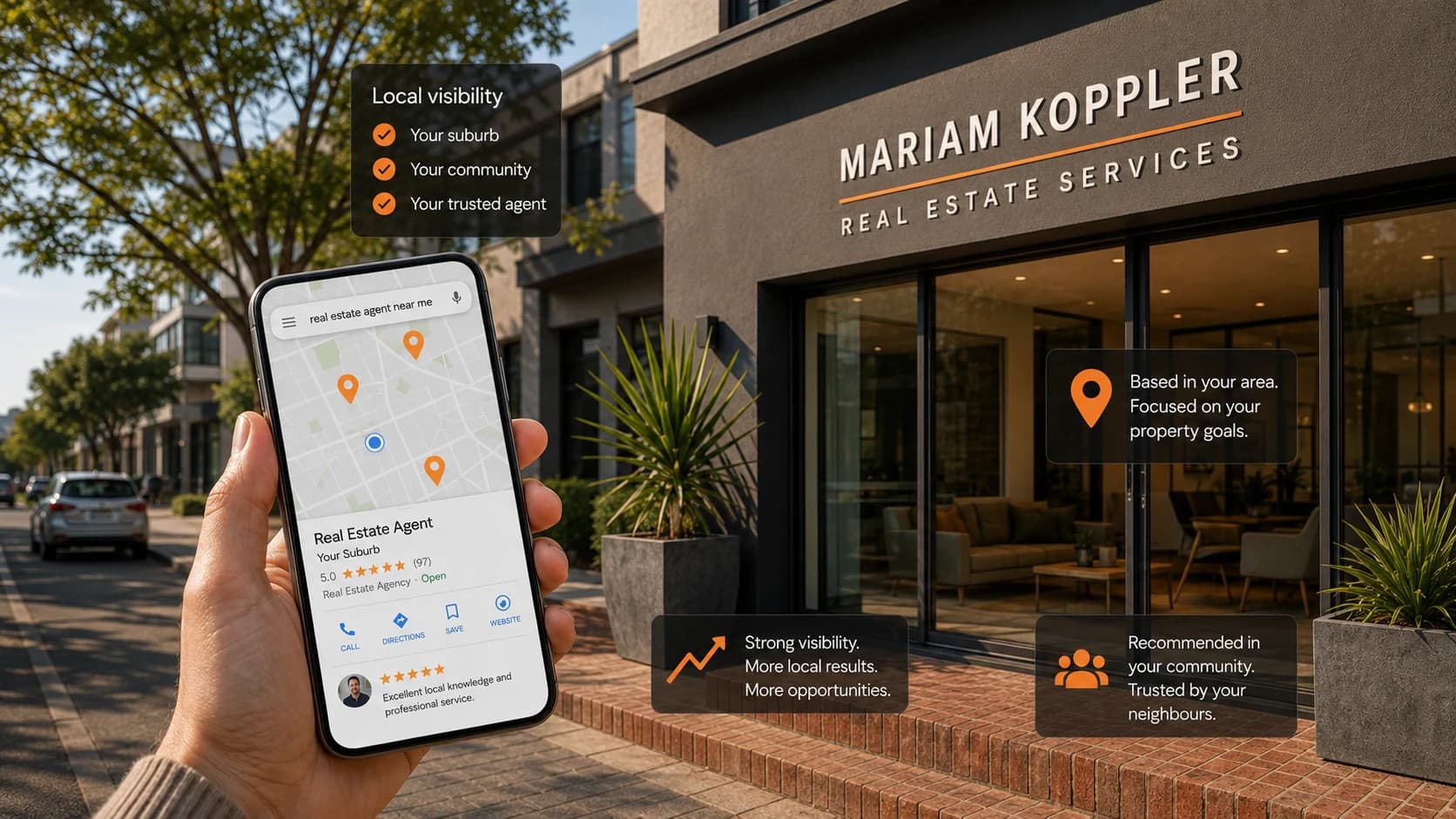 Local business storefront with mobile search map results and local visibility signals.