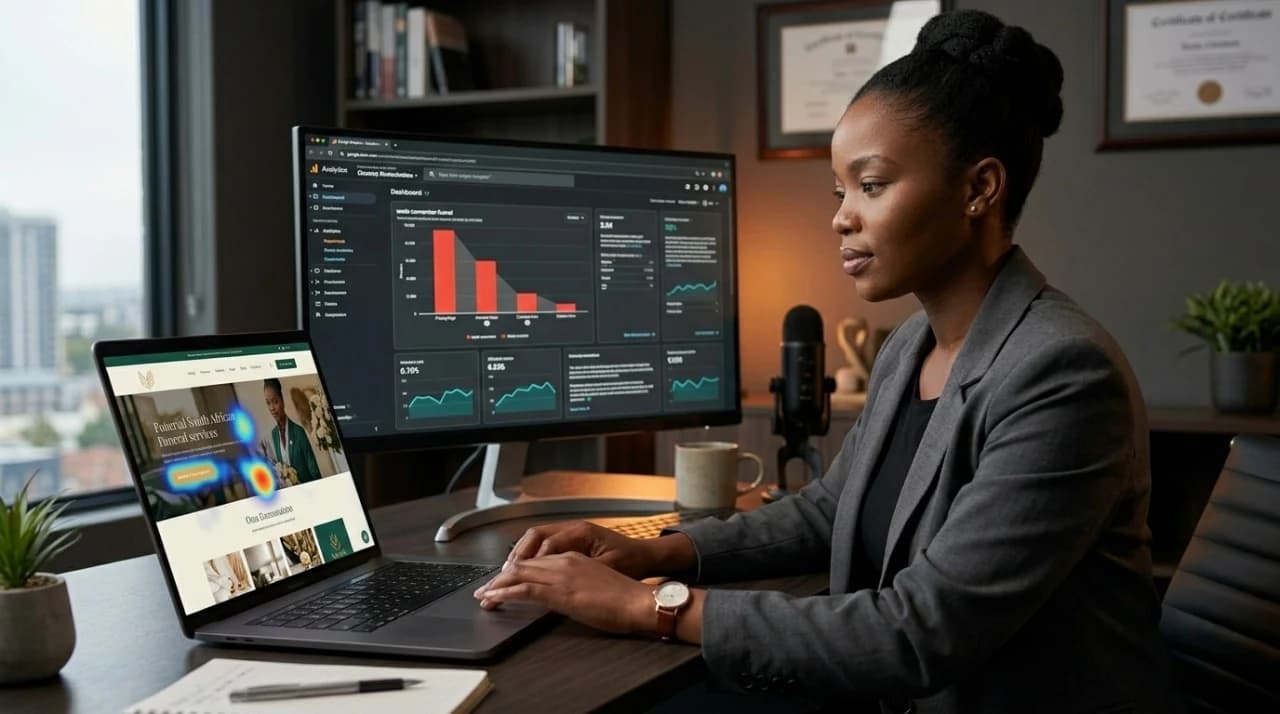 Business owner reviewing website analytics, heatmap activity, and conversion data.