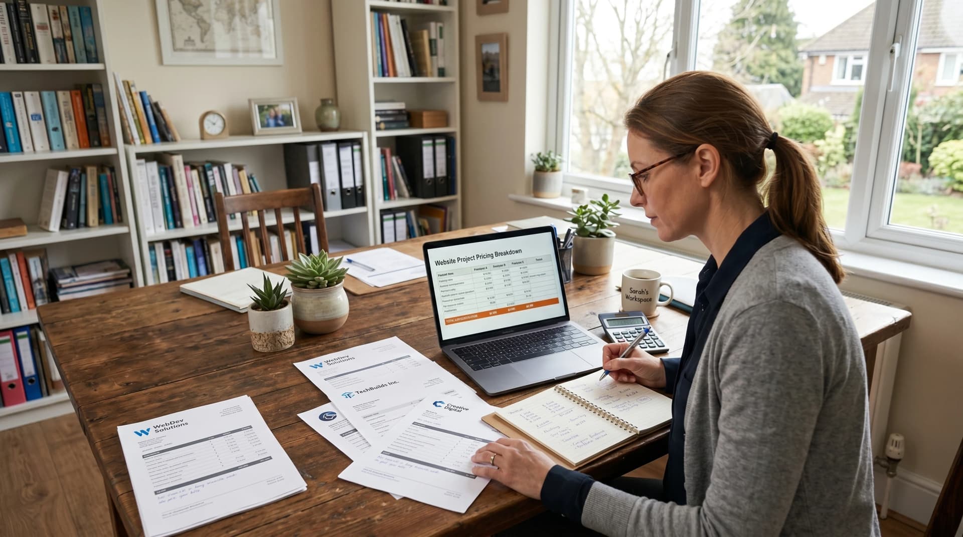 Business owner comparing website quotes and pricing breakdowns at a desk.