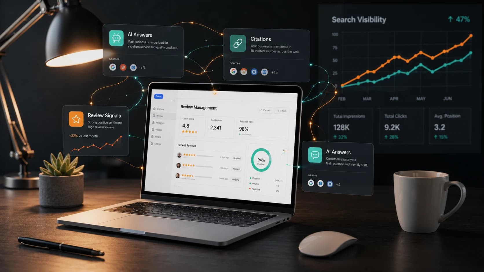 AI search visibility dashboard with answer, citation, review, and search growth signals.
