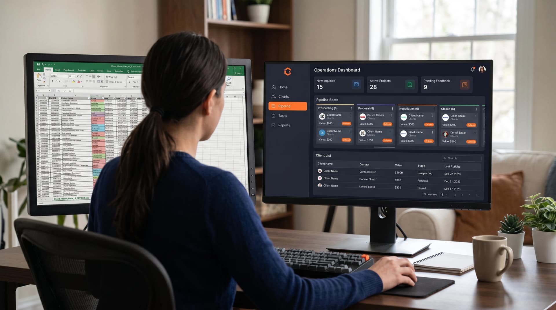 Clean operations dashboard on a monitor beside a chaotic spreadsheet.